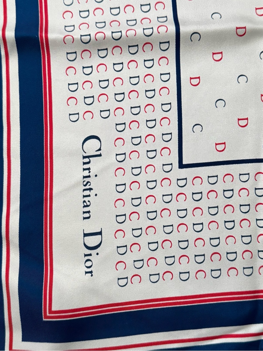 Christian Dior ✨ Ivory Patterned Square Scarf with Navy & Red Border - Picture 4 of 4